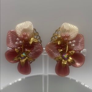 Vintage Floral Pink and Gold Clip Earrings
